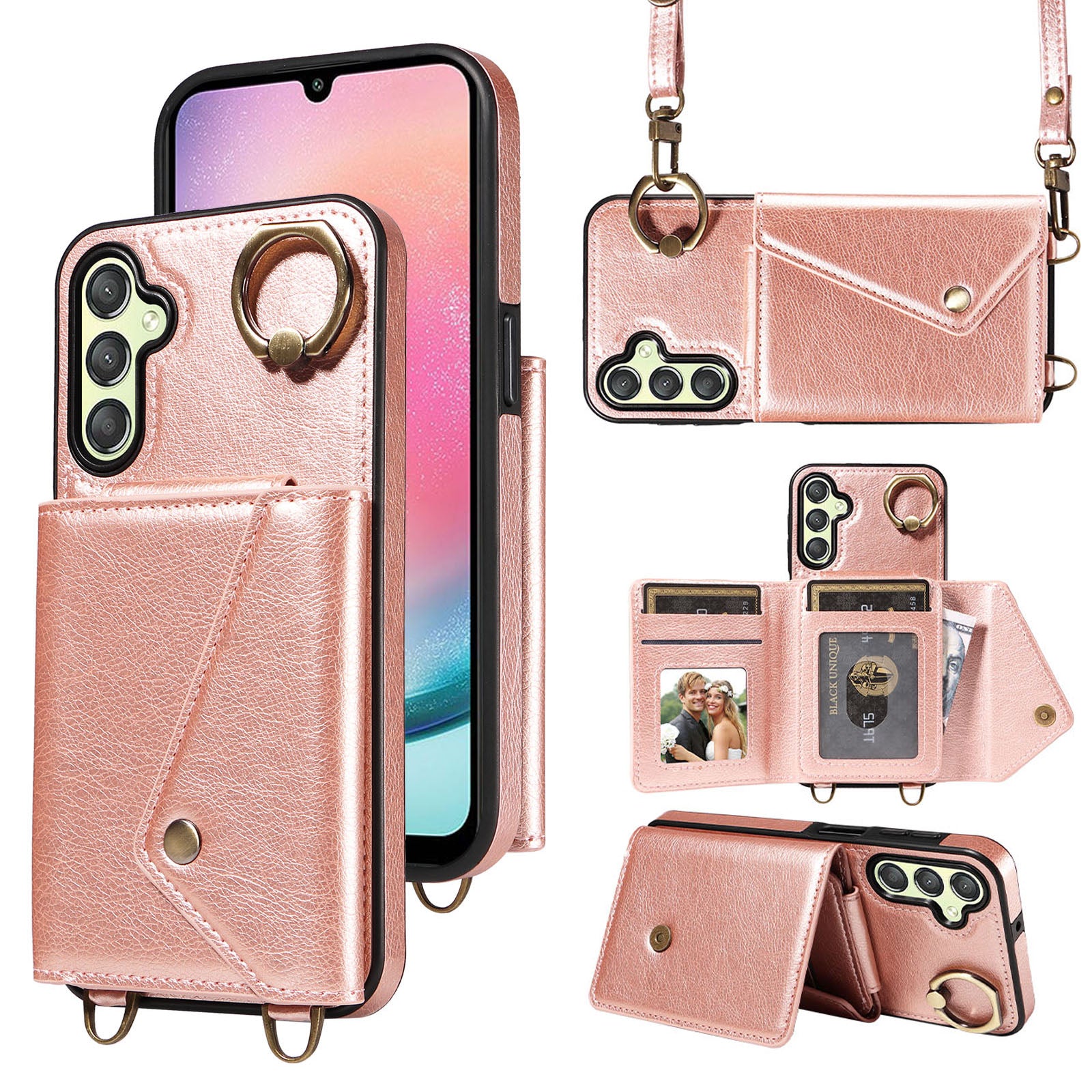 002 For Samsung Galaxy A24 4G A25 5G Card Bag Ring Kickstand Shockproof Cover Litchi Texture Leather Coated TPU Phone Case with Shoulder Strap 002 For Samsung Galaxy A24 4G A25 5G Card Bag Ring Kickstand Shockproof Cover Litchi Texture Leather Coated TPU Phone Case with Shoulder Strap